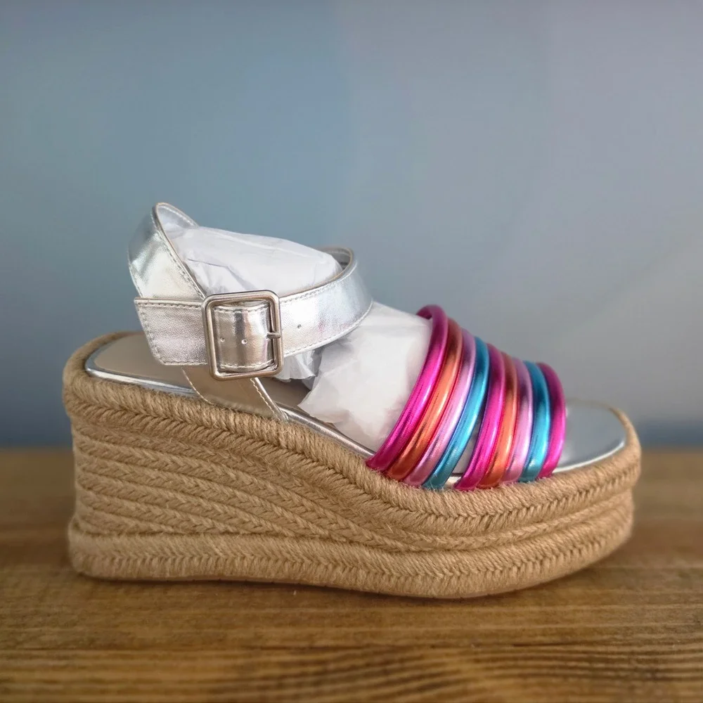Kenneth Cole Womens Platform Wedge Sandals Silver Multi Metallic Espadrille 5.5M